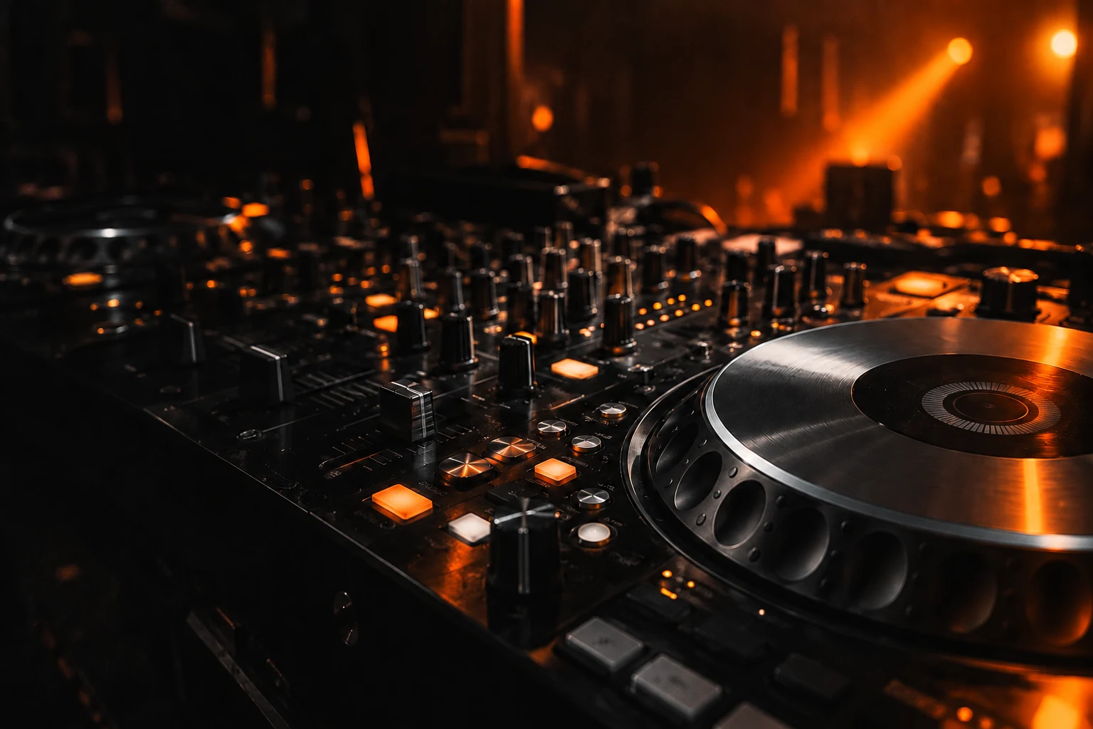 Equipamentos de DJ em um ambiente escuro com iluminação laranja